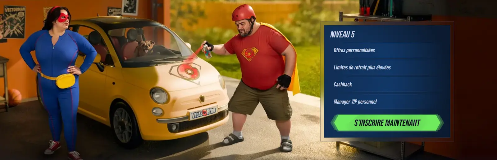 Programme VIP VegasHero Casino Niveau VIP avec personnages de super-héros et voiture