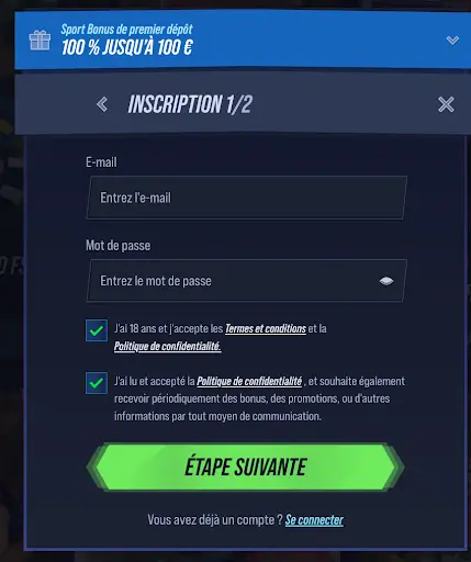 Inscription étape 1 sur VegasHero Formulaire d’inscription étape 1 avec email et mot de passe