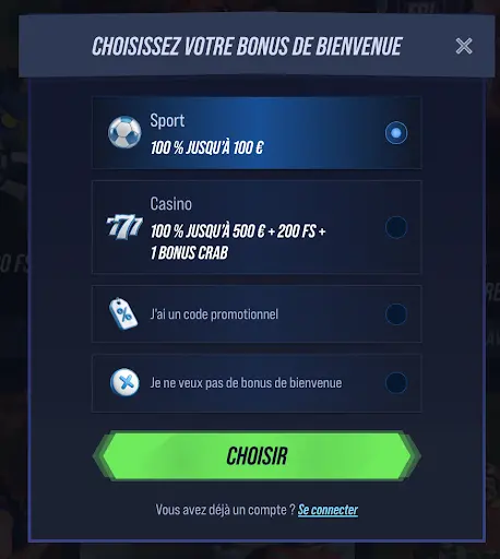 Sélection du bonus de bienvenue VegasHero Choix du bonus de bienvenue sport ou casino